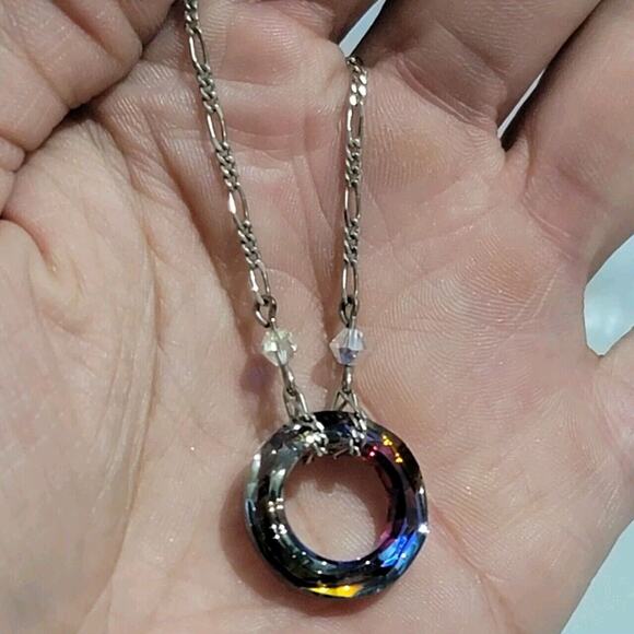 Silver Figaro Chain With Round Crystal 18" Necklace - Picture 1 of 11